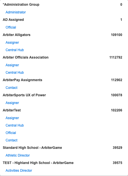 The legacy context switcher dropdown: a long list of organizations (Arbiter Alligators, Arbiter Officials Association, ArbiterPay Assignments, and more), each with the roles beneath it (Assigner, Central Hub, Contact, Athletic Director).