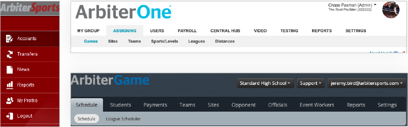 Two legacy headers stacked: ArbiterOne with a red header and tabs (My Group, Assigning, Users, Payroll, Central Hub, Video, Testing, Reports, Settings) and ArbiterGame with a blue header and different tabs (Schedule, Students, Payments, Teams, Sites, Opponent, Officials, Event Workers, Reports, Settings).